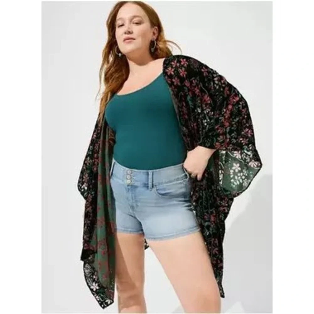 Torrid Women Ruana Burnout‎ Velvet Kimono O/S Green Floral Open Front Cardigan